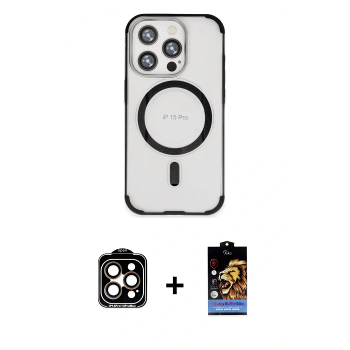 MARSİLYAN™- iPhone 15 Pro Max Kılıf Eksen Klasik Koleksiyonu - Siyah Buffer Hayalet Cam Ekran Koruyucu + PVD Metal Kamera Lens - TU