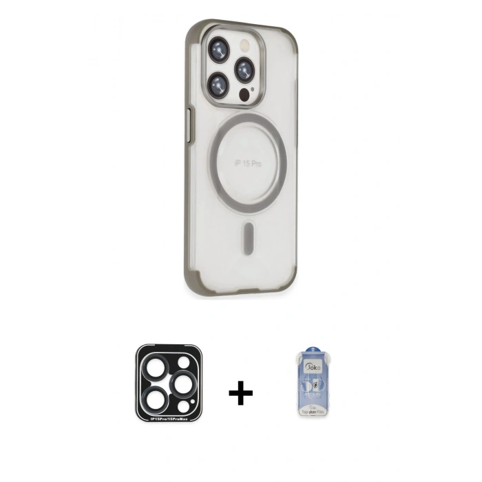 MARSİLYAN™- iPhone 15 Pro Max Kılıf Eksen Klasik Koleksiyonu - Siyah Joko Magic 5D Cam + Lacivert PVD Metal Kamera Lens