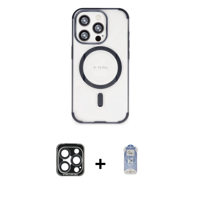 MARSİLYAN™- iPhone 15 Pro Max Kılıf Eksen Klasik Koleksiyonu - Siyah Joko Magic 5D Cam + Lacivert PVD Metal Kamera Lens