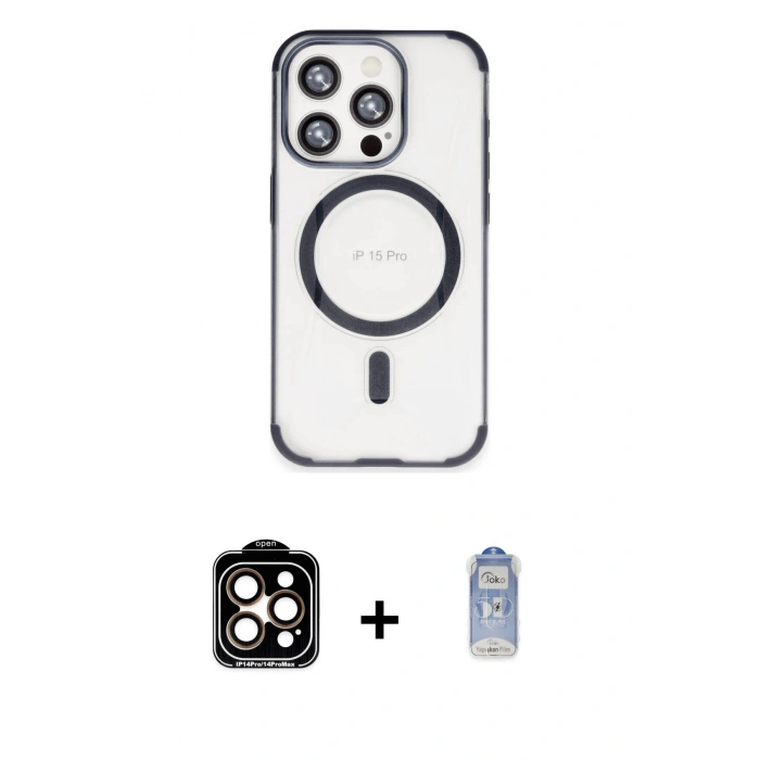 MARSİLYAN™- iPhone 15 Pro Max Kılıf Eksen Klasik Koleksiyonu - Siyah Joko Magic 5D Cam + PVD Metal Kamera Lens - TU