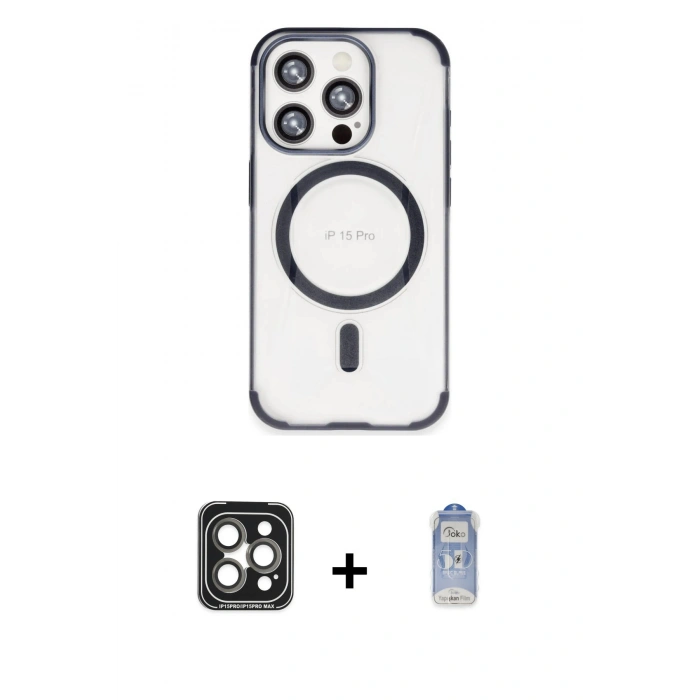 MARSİLYAN™- iPhone 15 Pro Max Kılıf Eksen Klasik Koleksiyonu - Siyah Joko Magic 5D Cam + PVD Metal Kamera Lens - GI