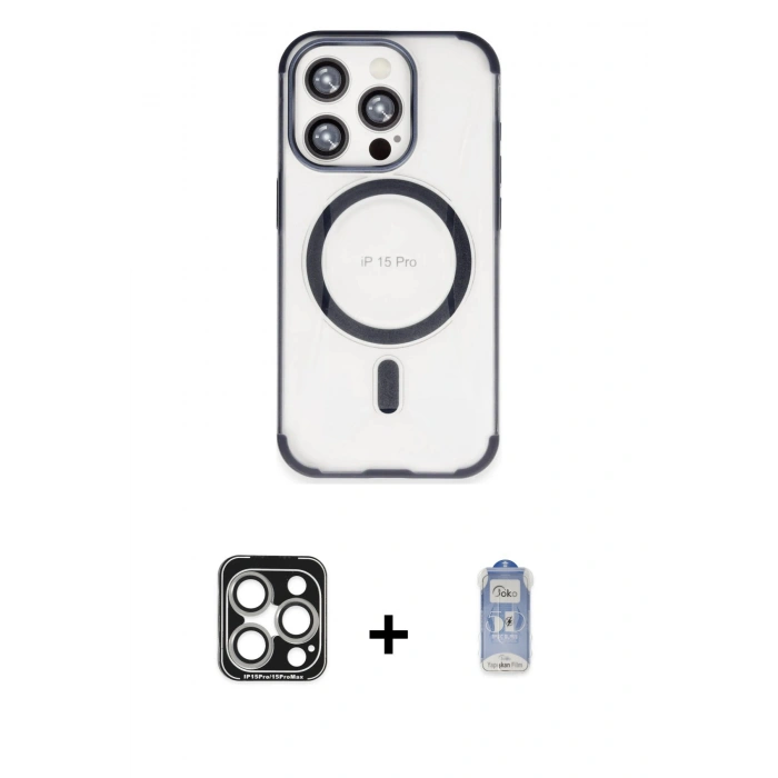 MARSİLYAN™- iPhone 15 Pro Max Kılıf Eksen Klasik Koleksiyonu - Siyah Joko Magic 5D Cam + PVD Metal Kamera Lens - GS