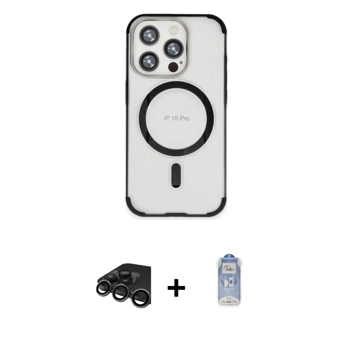 MARSİLYAN™- iPhone 15 Pro Max Kılıf Eksen Klasik Koleksiyonu - Siyah Joko Magic 5D Cam + Raze Metal Kamera Lens - TMGI