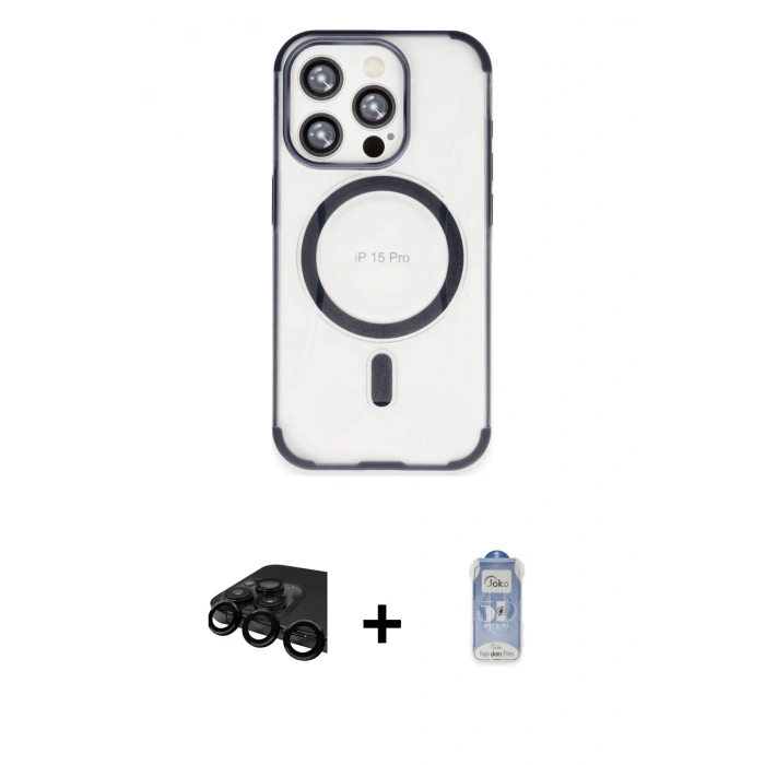 MARSİLYAN™- iPhone 15 Pro Max Kılıf Eksen Klasik Koleksiyonu - Siyah Joko Magic 5D Cam + Raze Metal Kamera Lens - SH