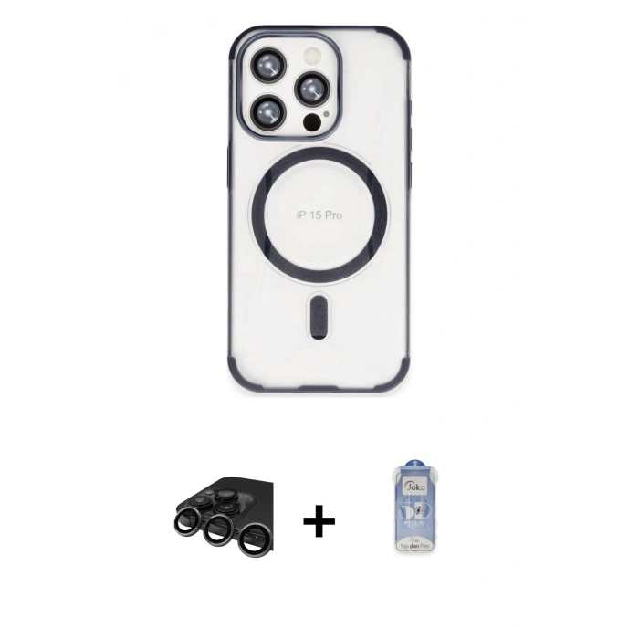 MARSİLYAN™- iPhone 15 Pro Max Kılıf Eksen Klasik Koleksiyonu - Siyah Joko Magic 5D Cam + Raze Metal Kamera Lens - TMGI