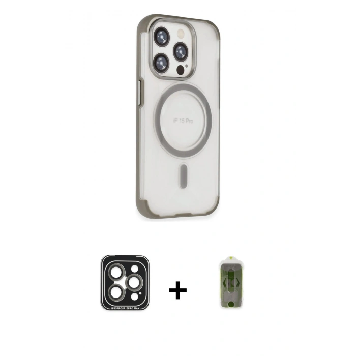 MARSİLYAN™- iPhone 15 Pro Max Kılıf Eksen Klasik Koleksiyonu - Siyah Joko Magic 5D Hayalet Cam + PVD Metal Kamera Lens - GI
