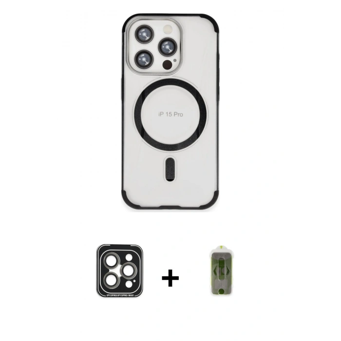MARSİLYAN™- iPhone 15 Pro Max Kılıf Eksen Klasik Koleksiyonu - Siyah Joko Magic 5D Hayalet Cam + PVD Metal Kamera Lens - GI
