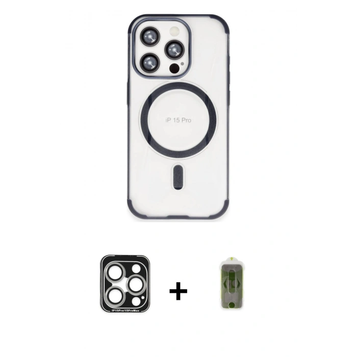 MARSİLYAN™- iPhone 15 Pro Max Kılıf Eksen Klasik Koleksiyonu - Siyah Joko Magic 5D Hayalet Cam + PVD Metal Kamera Lens - GS