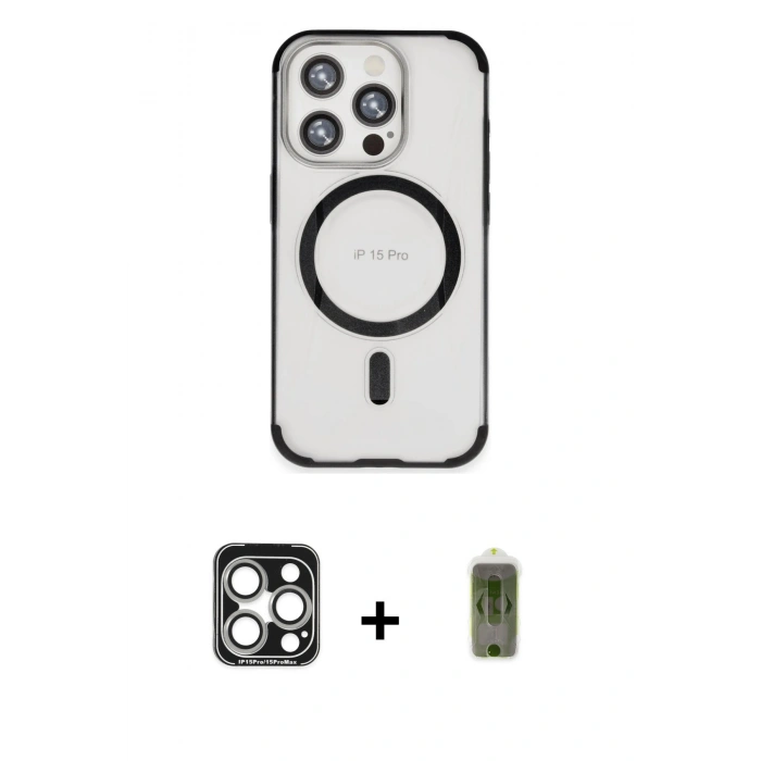 MARSİLYAN™- iPhone 15 Pro Max Kılıf Eksen Klasik Koleksiyonu - Siyah Joko Magic 5D Hayalet Cam + PVD Metal Kamera Lens - GS
