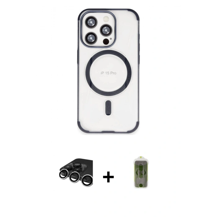 MARSİLYAN™- iPhone 15 Pro Max Kılıf Eksen Klasik Koleksiyonu - Siyah Joko Magic 5D Hayalet Cam + Raze Metal Kamera Lens - GS