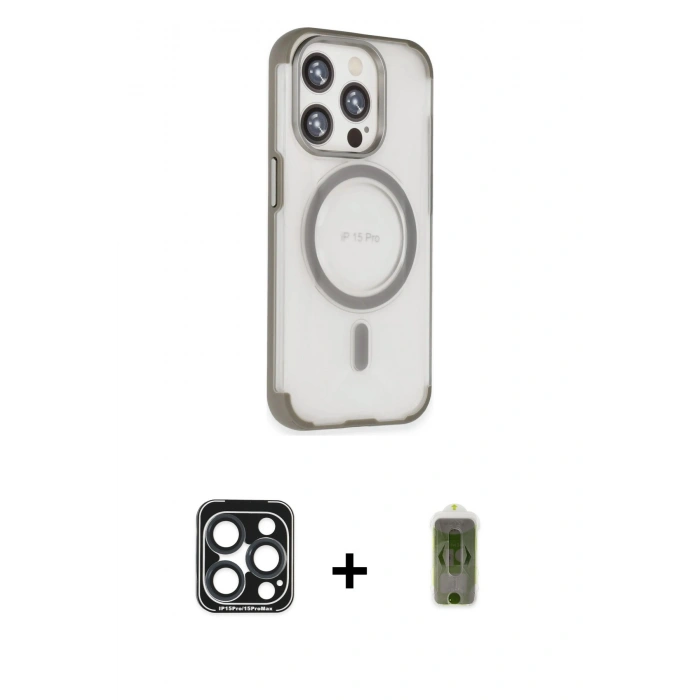 MARSİLYAN™- iPhone 15 Pro Max Kılıf Eksen Klasik Koleksiyonu - Siyah Joko Magic 5D Hayalet Cam + PVD Metal Kamera Lens - LT