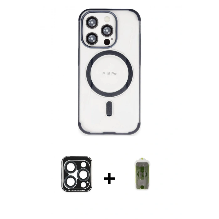 MARSİLYAN™- iPhone 15 Pro Max Kılıf Eksen Klasik Koleksiyonu - Siyah Joko Magic 5D Hayalet Cam + PVD Metal Kamera Lens - LT