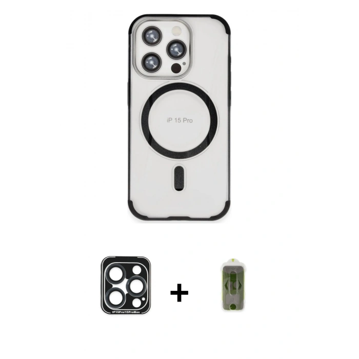 MARSİLYAN™- iPhone 15 Pro Max Kılıf Eksen Klasik Koleksiyonu - Siyah Joko Magic 5D Hayalet Cam + PVD Metal Kamera Lens - LT