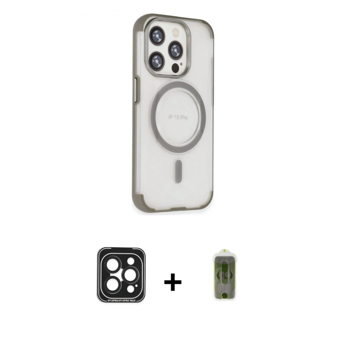MARSİLYAN™- iPhone 15 Pro Max Kılıf Eksen Klasik Koleksiyonu - Siyah Joko Magic 5D Hayalet Cam + PVD Metal Kamera Lens - SH