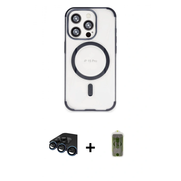 MARSİLYAN™- iPhone 15 Pro Max Kılıf Eksen Klasik Koleksiyonu - Siyah Joko Magic 5D Hayalet Cam + Raze Metal Kamera Lens - LT