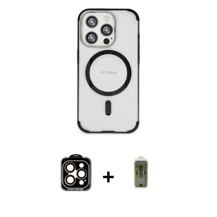 MARSİLYAN™- iPhone 15 Pro Max Kılıf Eksen Klasik Koleksiyonu - Siyah Joko Magic 5D Hayalet Cam + PVD Metal Kamera Lens - TU