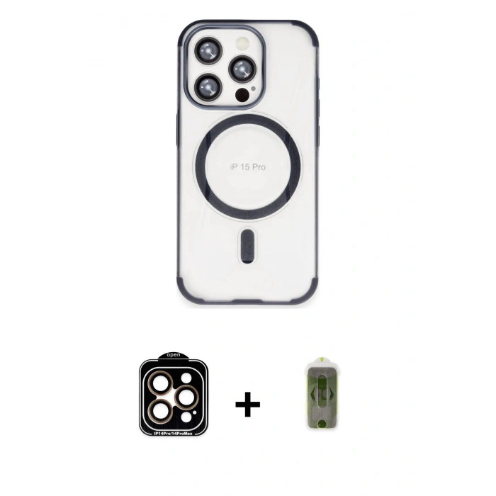 MARSİLYAN™- iPhone 15 Pro Max Kılıf Eksen Klasik Koleksiyonu - Siyah Joko Magic 5D Hayalet Cam + PVD Metal Kamera Lens - TU