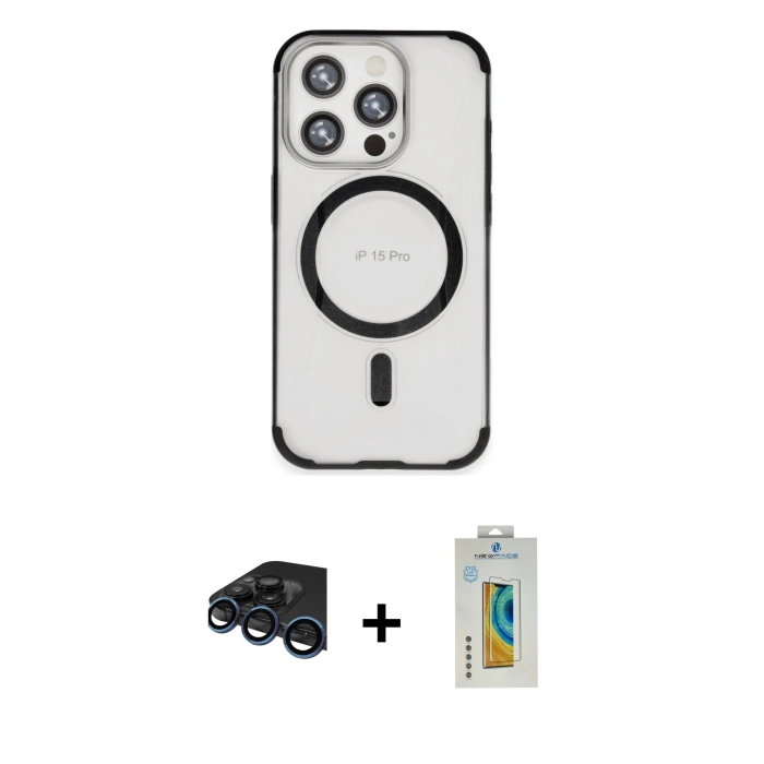 MARSİLYAN™- iPhone 15 Pro Max Kılıf Eksen Klasik Koleksiyonu - Siyah Polymer Nano Ekran Koruyucu + Lacivert Raze Metal Kamera Lens