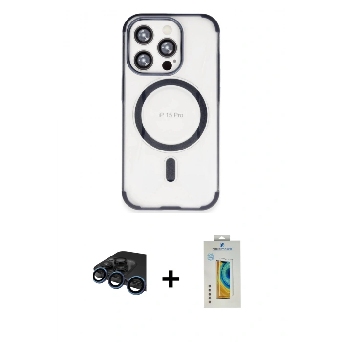 MARSİLYAN™- iPhone 15 Pro Max Kılıf Eksen Klasik Koleksiyonu - Siyah Polymer Nano Ekran Koruyucu + Lacivert Raze Metal Kamera Lens