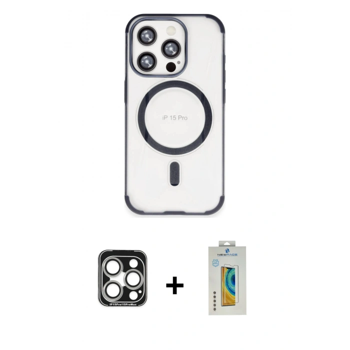 MARSİLYAN™- iPhone 15 Pro Max Kılıf Eksen Klasik Koleksiyonu - Siyah Polymer Nano Ekran Koruyucu + PVD Metal Kamera Lens - GS