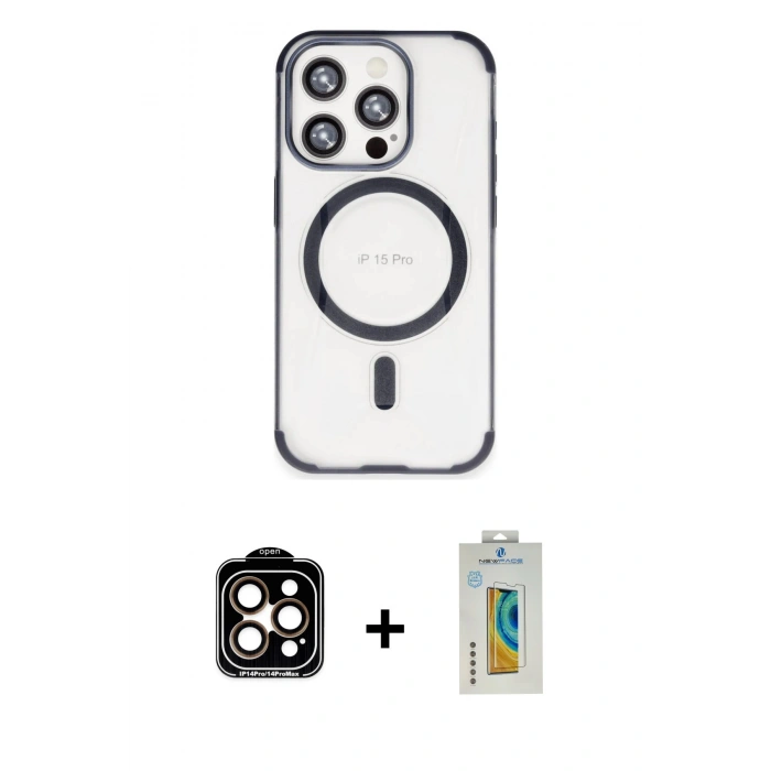 MARSİLYAN™- iPhone 15 Pro Max Kılıf Eksen Klasik Koleksiyonu - Siyah Polymer Nano Ekran Koruyucu + PVD Metal Kamera Lens - TU