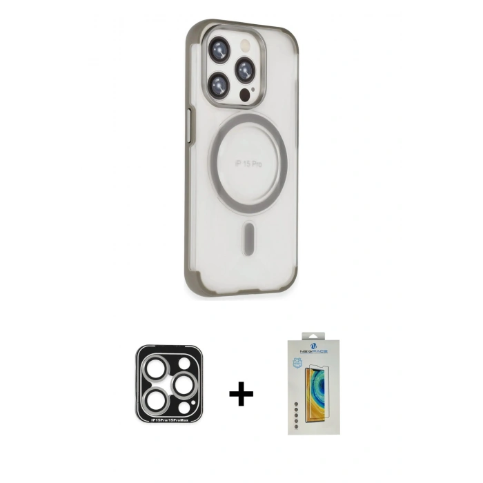 MARSİLYAN™- iPhone 15 Pro Max Kılıf Eksen Klasik Koleksiyonu - Siyah Polymer Nano Ekran Koruyucu + PVD Metal Kamera Lens - GS