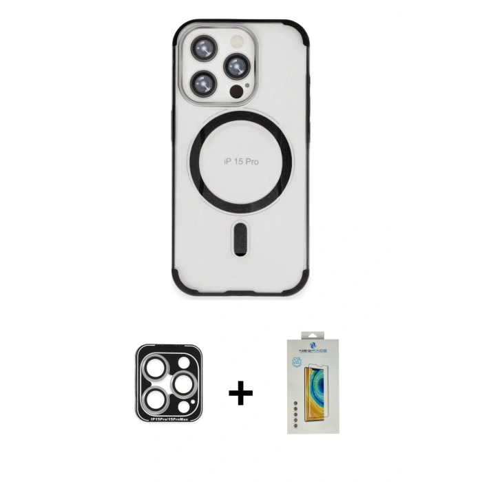 MARSİLYAN™- iPhone 15 Pro Max Kılıf Eksen Klasik Koleksiyonu - Siyah Polymer Nano Ekran Koruyucu + PVD Metal Kamera Lens - GS