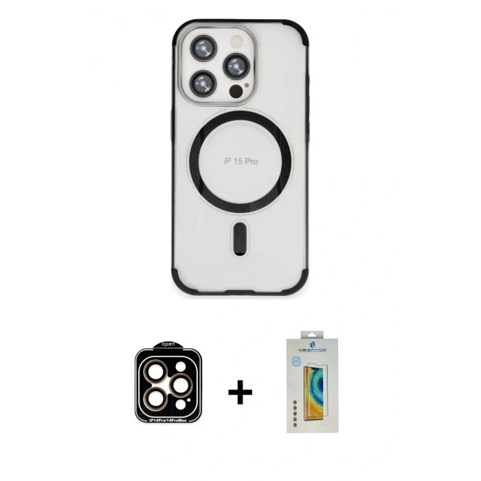 MARSİLYAN™- iPhone 15 Pro Max Kılıf Eksen Klasik Koleksiyonu - Siyah Polymer Nano Ekran Koruyucu + PVD Metal Kamera Lens - TU