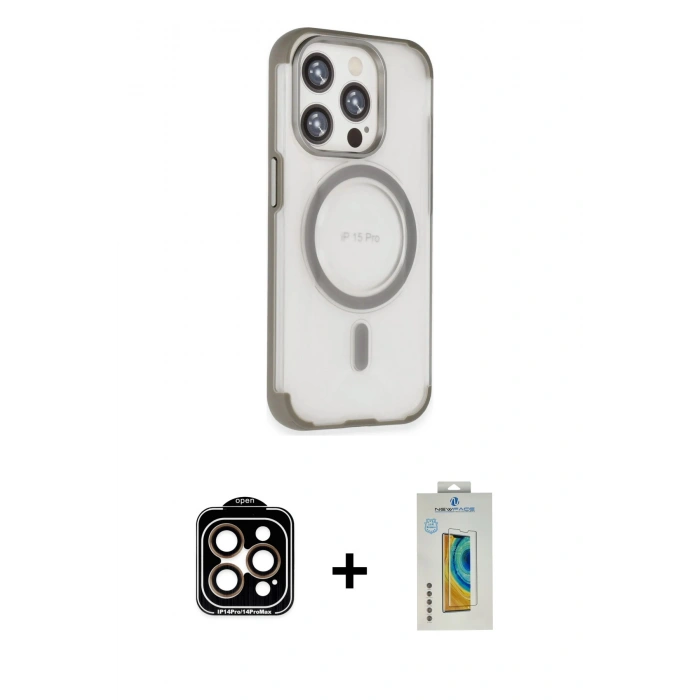 MARSİLYAN™- iPhone 15 Pro Max Kılıf Eksen Klasik Koleksiyonu - Siyah Polymer Nano Ekran Koruyucu + PVD Metal Kamera Lens - TU
