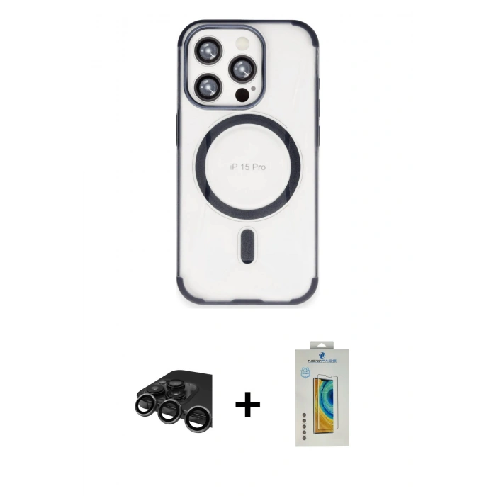 MARSİLYAN™- iPhone 15 Pro Max Kılıf Eksen Klasik Koleksiyonu - Siyah Polymer Nano Ekran Koruyucu + Raze Metal Kamera Lens - TMGI