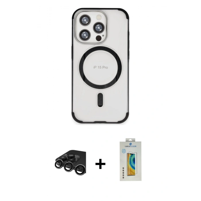MARSİLYAN™- iPhone 15 Pro Max Kılıf Eksen Klasik Koleksiyonu - Siyah Polymer Nano Ekran Koruyucu + Raze Metal Kamera Lens - TMGI