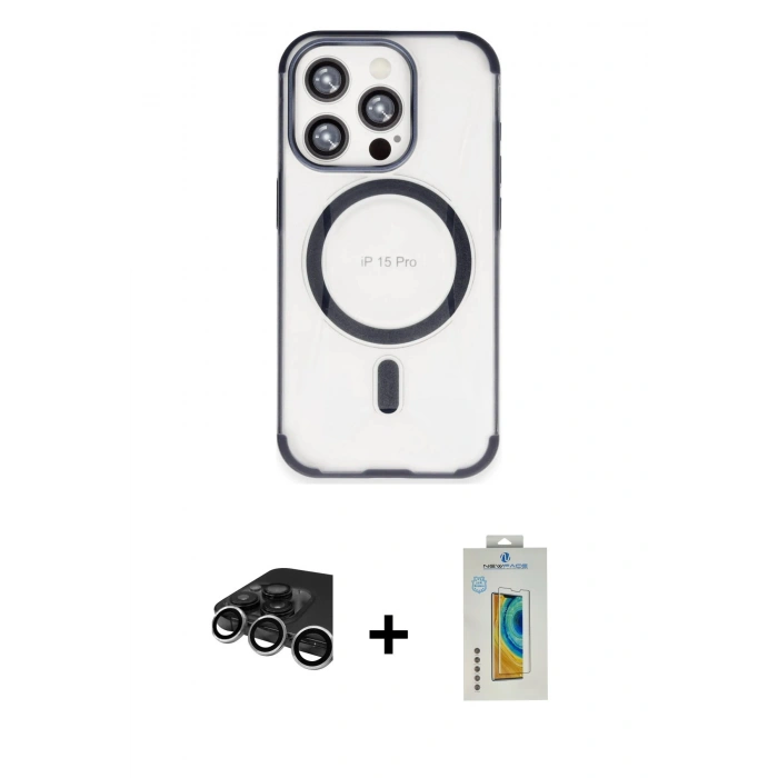 MARSİLYAN™- iPhone 15 Pro Max Kılıf Eksen Klasik Koleksiyonu - Siyah Polymer Nano Ekran Koruyucu + Raze Metal Kamera Lens - GS