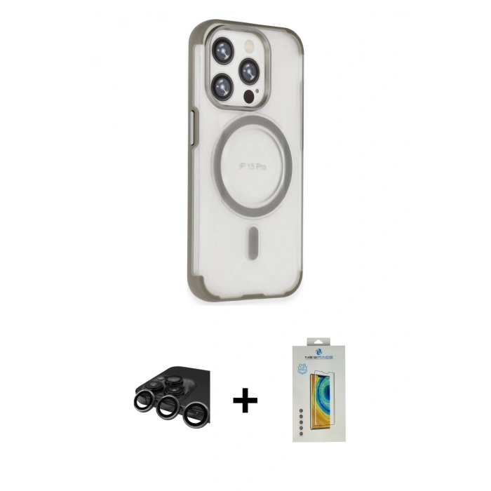 MARSİLYAN™- iPhone 15 Pro Max Kılıf Eksen Klasik Koleksiyonu - Siyah Polymer Nano Ekran Koruyucu + Raze Metal Kamera Lens - TMGI
