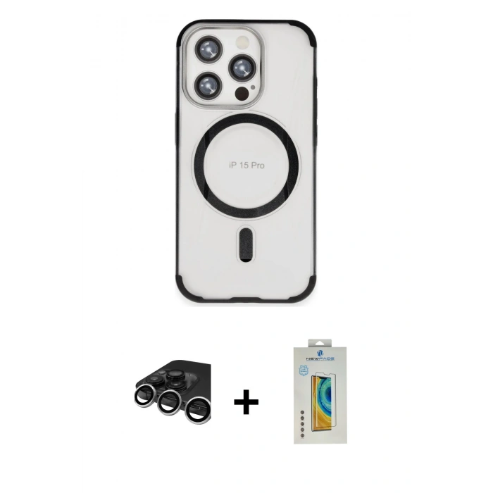 MARSİLYAN™- iPhone 15 Pro Max Kılıf Eksen Klasik Koleksiyonu - Siyah Polymer Nano Ekran Koruyucu + Raze Metal Kamera Lens - GS