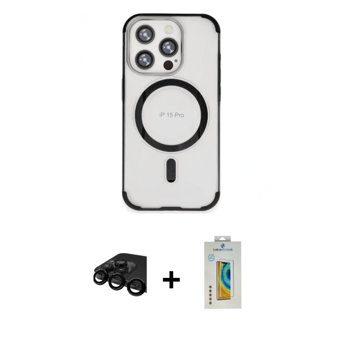 MARSİLYAN™- iPhone 15 Pro Max Kılıf Eksen Klasik Koleksiyonu - Siyah Polymer Nano Ekran Koruyucu + Raze Metal Kamera Lens - SH