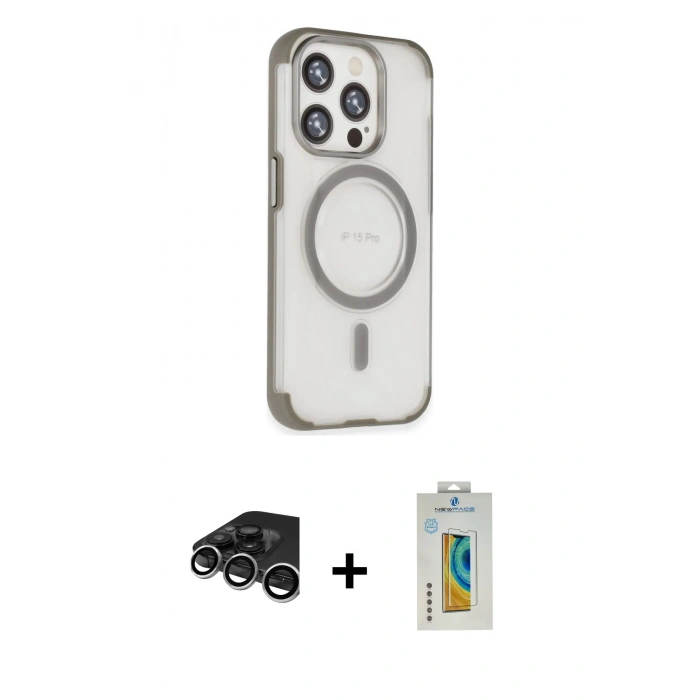 MARSİLYAN™- iPhone 15 Pro Max Kılıf Eksen Klasik Koleksiyonu - Siyah Polymer Nano Ekran Koruyucu + Raze Metal Kamera Lens - GS