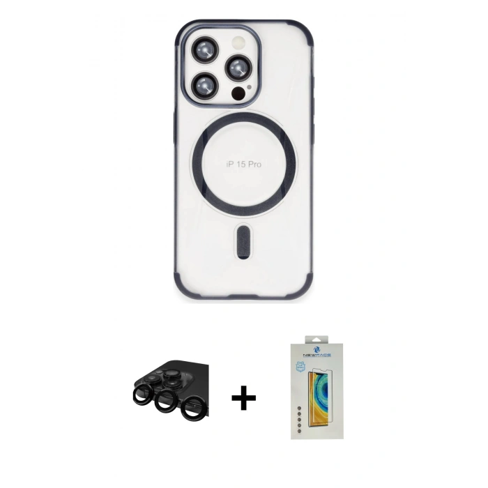 MARSİLYAN™- iPhone 15 Pro Max Kılıf Eksen Klasik Koleksiyonu - Siyah Polymer Nano Ekran Koruyucu + Raze Metal Kamera Lens - SH