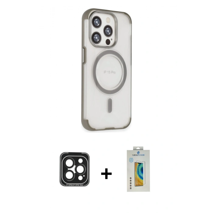 MARSİLYAN™- iPhone 15 Pro Max Kılıf Eksen Klasik Koleksiyonu - Siyah Polymer Nano Ekran Koruyucu + PVD Metal Kamera Lens - SH