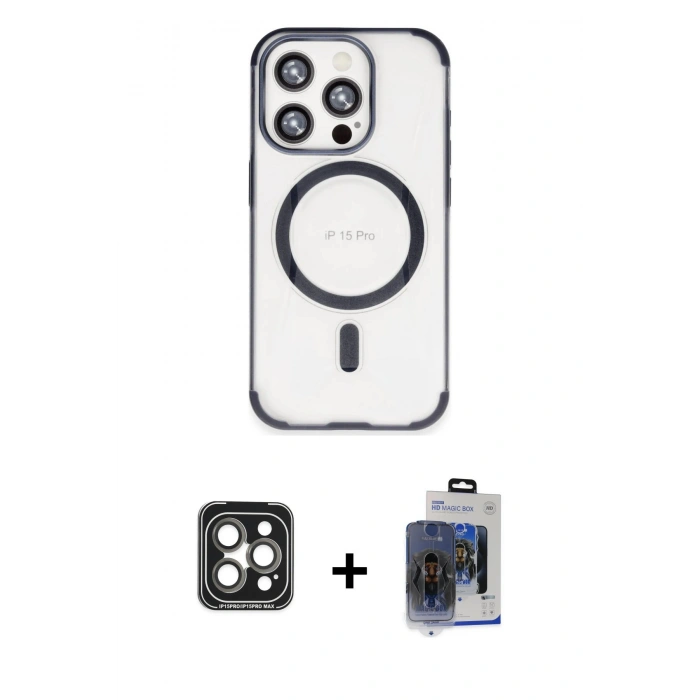 MARSİLYAN™- iPhone 15 Pro Max Kılıf Eksen Klasik Koleksiyonu - Siyah Vanessa Magic Cam + PVD Metal Kamera Lens - GI