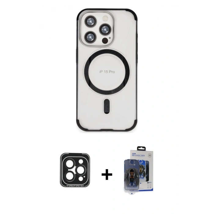 MARSİLYAN™- iPhone 15 Pro Max Kılıf Eksen Klasik Koleksiyonu - Siyah Vanessa Magic Cam + PVD Metal Kamera Lens - SH