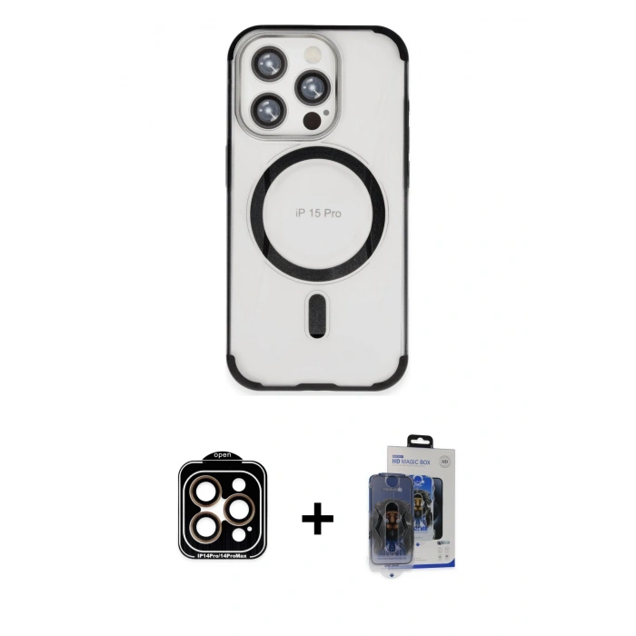 MARSİLYAN™- iPhone 15 Pro Max Kılıf Eksen Klasik Koleksiyonu - Siyah Vanessa Magic Cam + PVD Metal Kamera Lens - TU