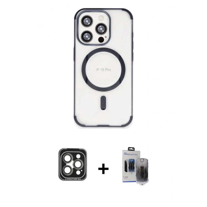 MARSİLYAN™- iPhone 15 Pro Max Kılıf Eksen Klasik Koleksiyonu - Siyah Vanessa Magic Hayalet Cam + Gri PVD Metal Kamera Lens