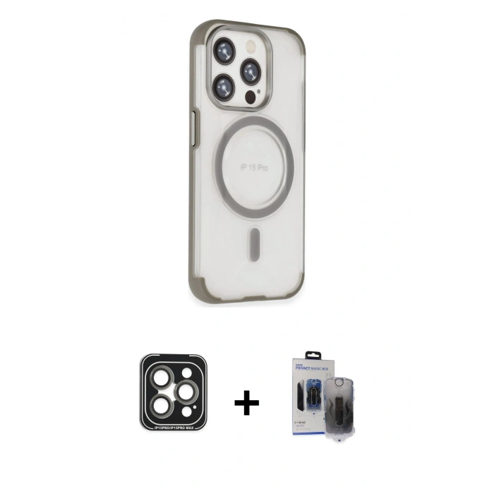 MARSİLYAN™- iPhone 15 Pro Max Kılıf Eksen Klasik Koleksiyonu - Siyah Vanessa Magic Hayalet Cam + Gri PVD Metal Kamera Lens