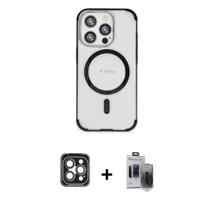 MARSİLYAN™- iPhone 15 Pro Max Kılıf Eksen Klasik Koleksiyonu - Siyah Vanessa Magic Hayalet Cam + Gri PVD Metal Kamera Lens