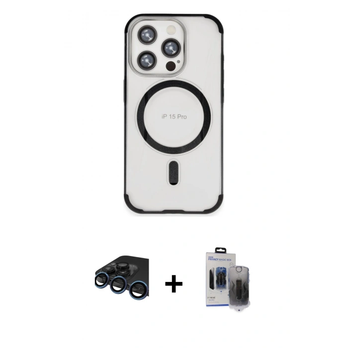 MARSİLYAN™- iPhone 15 Pro Max Kılıf Eksen Klasik Koleksiyonu - Siyah Vanessa Magic Hayalet Cam + Raze Metal Kamera Lens - LT
