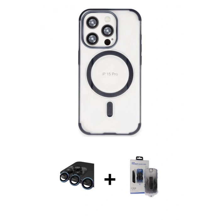 MARSİLYAN™- iPhone 15 Pro Max Kılıf Eksen Klasik Koleksiyonu - Siyah Vanessa Magic Hayalet Cam + Raze Metal Kamera Lens - LT
