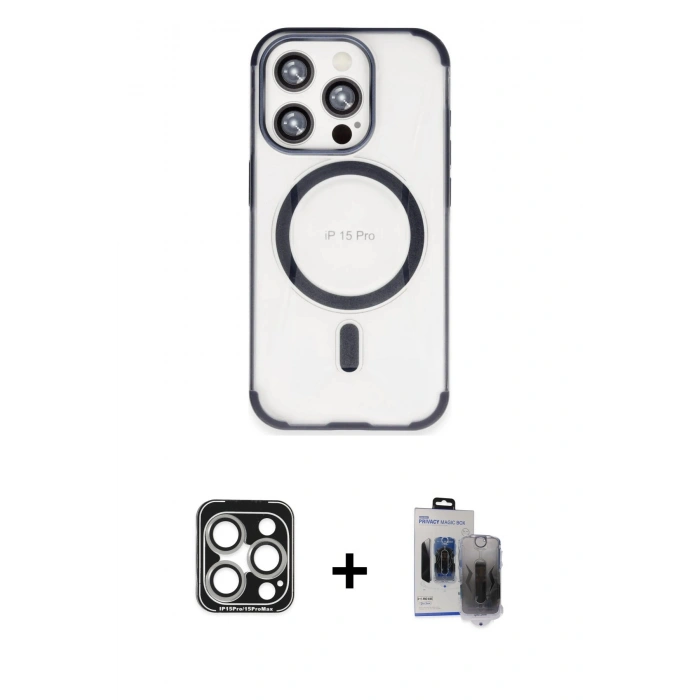 MARSİLYAN™- iPhone 15 Pro Max Kılıf Eksen Klasik Koleksiyonu - Siyah Vanessa Magic Hayalet Cam + PVD Metal Kamera Lens - GS