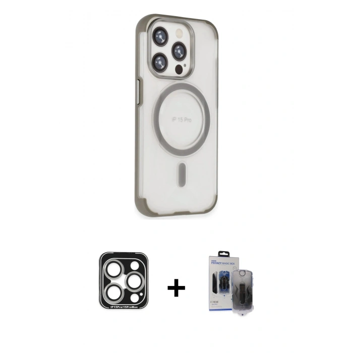MARSİLYAN™- iPhone 15 Pro Max Kılıf Eksen Klasik Koleksiyonu - Siyah Vanessa Magic Hayalet Cam + PVD Metal Kamera Lens - GS