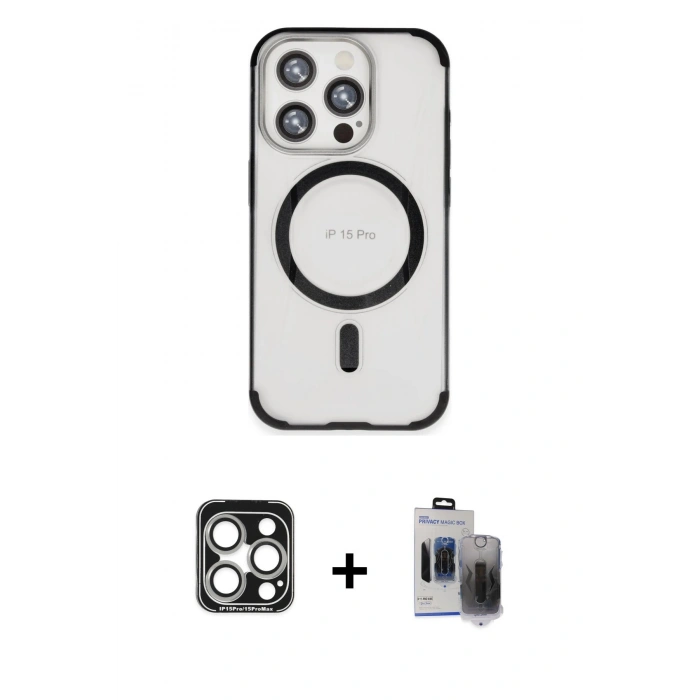MARSİLYAN™- iPhone 15 Pro Max Kılıf Eksen Klasik Koleksiyonu - Siyah Vanessa Magic Hayalet Cam + PVD Metal Kamera Lens - GS