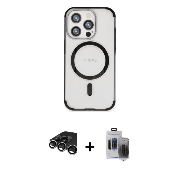 MARSİLYAN™- iPhone 15 Pro Max Kılıf Eksen Klasik Koleksiyonu - Siyah Vanessa Magic Hayalet Cam + Raze Metal Kamera Lens - GS
